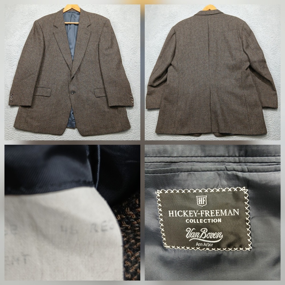 Hickey Freeman Wool Blazer Men's 46R‎ Brown Houndstooth Van Boven Collection